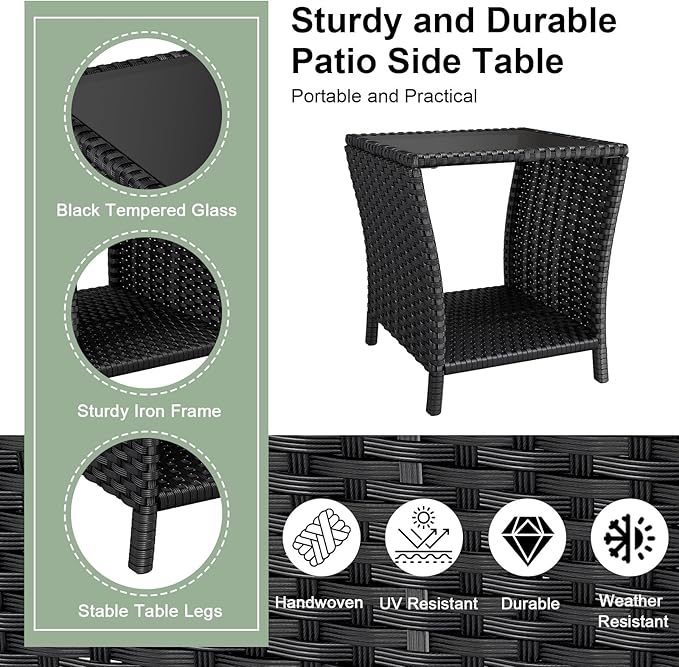 kinbor Small Outdoor Table - Tempered Glass Top Small Outdoor Wicker Side Table with Storage Shelf for Patio, Balcony & Porch, Durable PE Rattan & Iron Frame