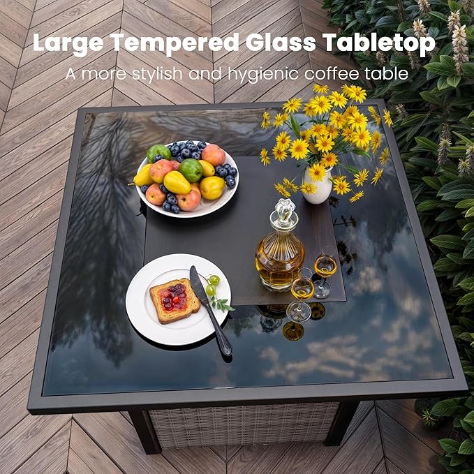 Propane Outdoor Fire Pit Table, 28" Rattan Square Fire Pit Table, Outdoor Gas FirePit With Glass Wind Guard, Tempered Glass Tabletop, Lid, CSA Listed, 50,000 BTU, Outside Patio & Garden, Grayish-White