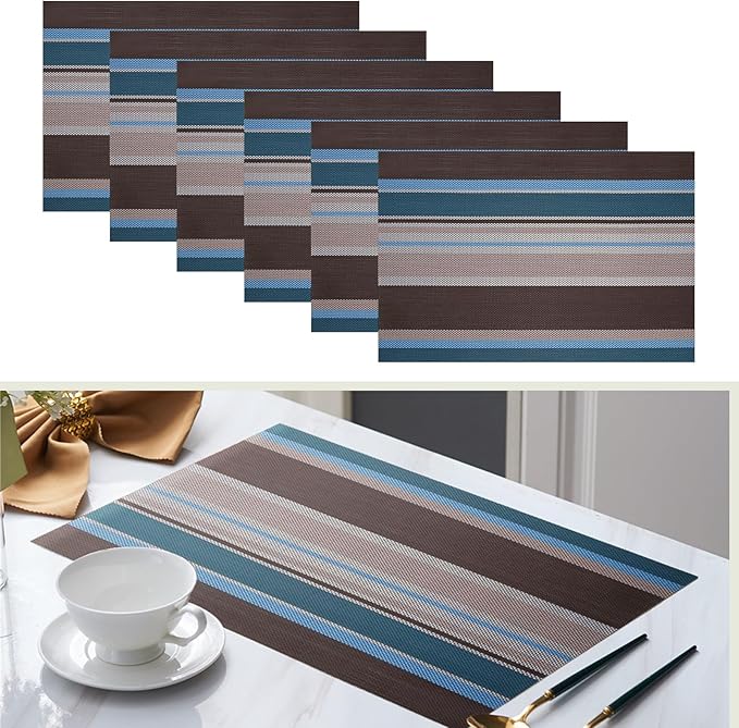 Set of 6 Colorful Striped Vinyl Placemats Heat-Resistant Washable Placemats Non-Slip Woven Table Mats Wipeable Placemat for Kitchen Dining Table Decoration Indoor Outdoor (Blue&Brown)