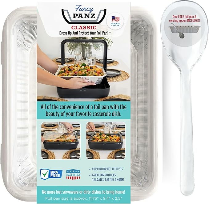 Fancy Panz - White Classic Aluminum Foil Pan Carrier with Lid - Elevated Food Serving Tray - Portable Casserole Carrier with Lid - Made in The USA Hosting Essentials