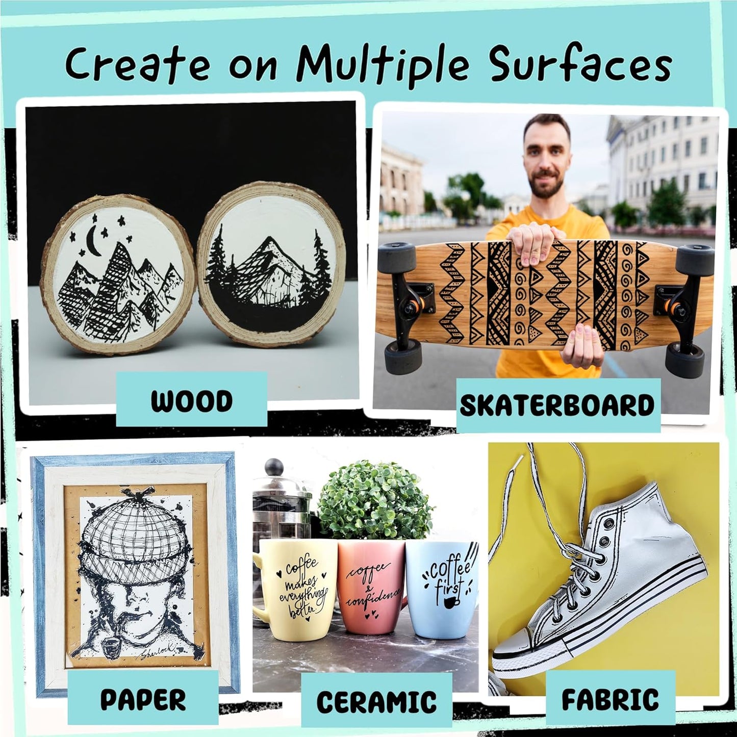 4 Dual Tip Black Paint Pens - Fine Point & Medium - Black Paint Marker for Fabric, Wood, Rock Painting, Canvas, Plastic, Glass, Tire and Shoes - Acrylic Pens for Kids & Adults