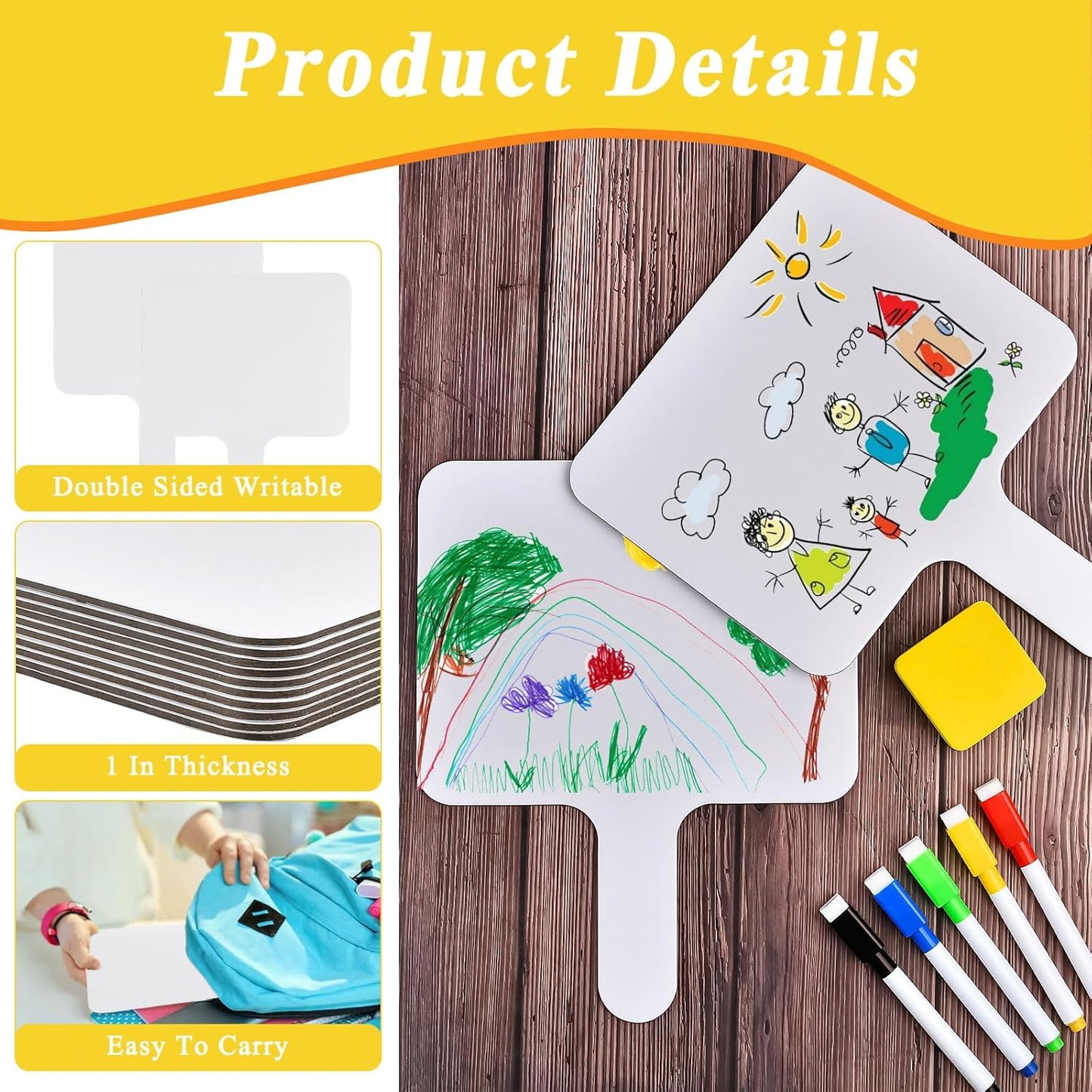 10 Pcs Dry Erase Answer Paddle, 10 x 8 Inch Auction Paddles with Markers and Erasers, Handheld White Board with Handle for Teaching Meeting Bidding Voting Games (Double Sided)