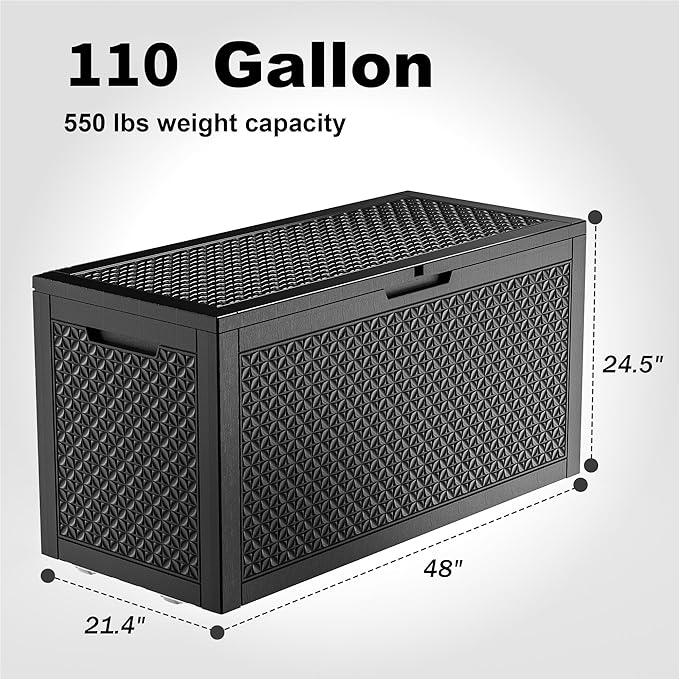 110 Gallon Resin Deck Box, Lockable Patio Outdoor Storage Box for Furniture, Garden Tools and Tools Storage, Waterproof Outside Storage Boxes - Patterned black
