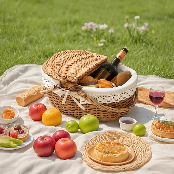 GRANNY SAYS Picnic Basket, Wicker Basket with Lid, Woven Cute Basket with Handle, Storage Basket with Washable Lining & Dual-Flid Lid, Natural Willow Picnic Hamper, White Lining