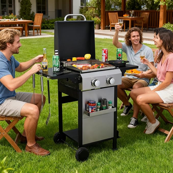 2-Burner Gas Grill, 24600 BTU Portable BBQ with Foldable Side Table & 6" Wheels, Dual-Function Cooking with Baking Rack & Flat Griddle for Outdoor, Patio, Camping & Tailgating