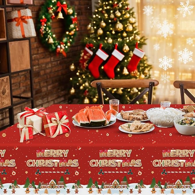 Merry Christmas Party Table Cloth Decorations Red Orange Gingerbread Plastic Xmas Tablecloths - 54x108inch Snowflake Christmas Tree Disposable Table Cover for Holiday Indoor Outside Home