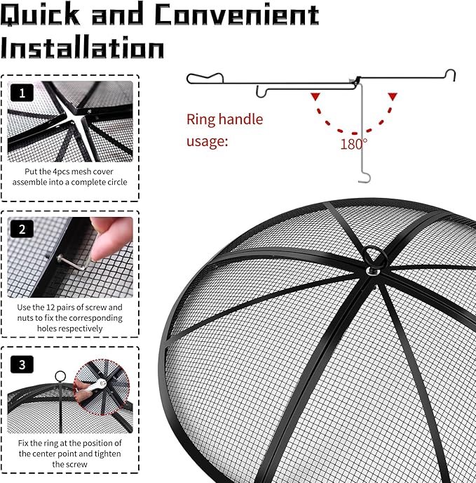 Fire Pit Spark Screen, Outdoor 30 Inch Round Fire Pit Screen with Foldable Hook and Fire Safety Gloves, Heavy Duty Steel Mesh Fire Pit Cover, Fire Pit Lid for Backyard, Beach, RV Camping