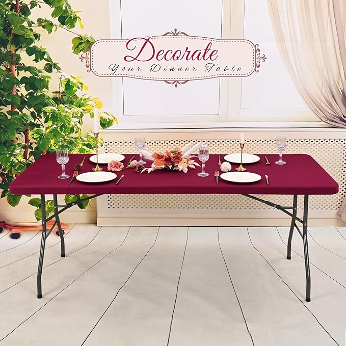 6 Pack Stretch Fabric Table Top Cap Cover, Wine Red Table Covers fits 8Ft Tables, Washable Elastic Universal Rectangle Tablecloth Protector for Indoor Outdoor Party Picnic Wedding (30" W x 96" L)
