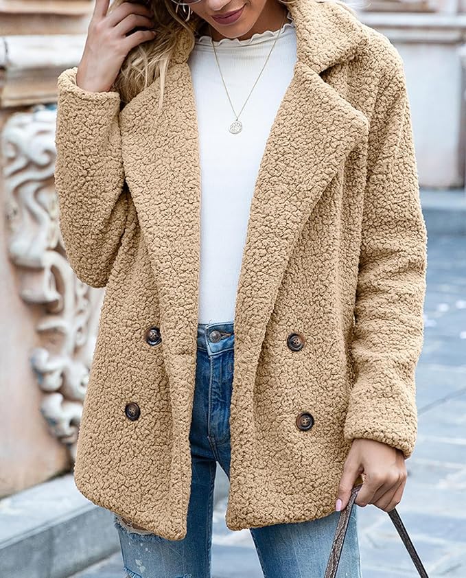 Women's Winter Warm Plush Cardigan Fuzzy Fleece Lapel Jacket with Buttons Pockets Long Sleeve Casual Outerwear