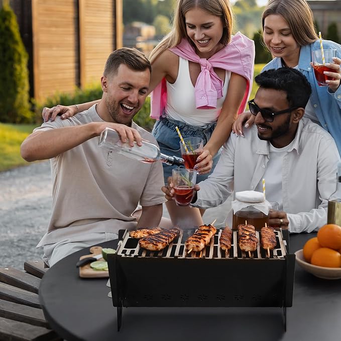 Lineslife 16 Inch Portable Camping Campfire Grill, Heavy Duty Charcoal BBQ Grill FirePit Grills with Stainless Steel Cooking Grate and Carry Bag for Outdoor Camping Backyard Party Cooking