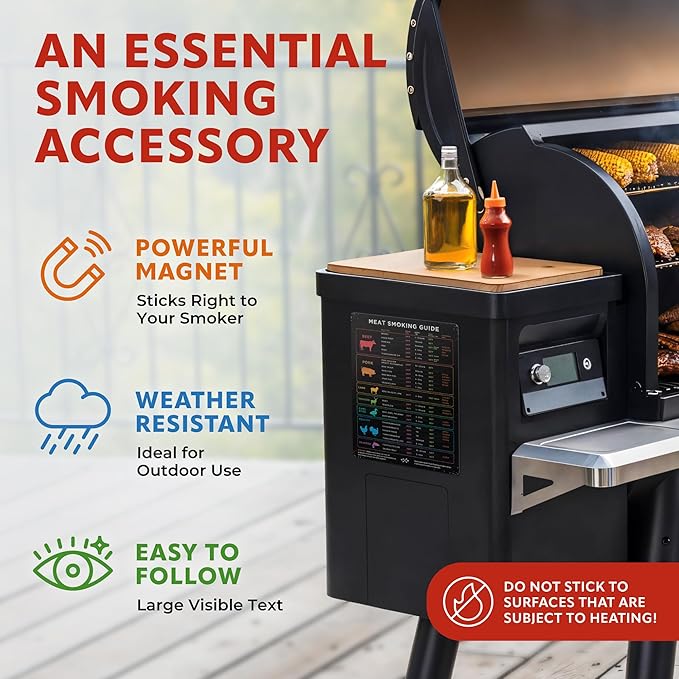 Levain & Co Meat Temperature Magnet & BBQ Smoker Guide - Pellet Smoker & Traeger Accessories - Wood, Time, & Temp - BBQ Accessories - Grilling Gifts for Men
