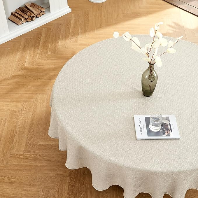 BALCONY & FALCON Rectangle Tablecloth Washable Wrinkle Resistant and Water Proof Table Cloth Decorative Linen Fabric Tablecloths for Dining Parties Kitchen Wedding and Outdoor Use (Beige, 107" Round)
