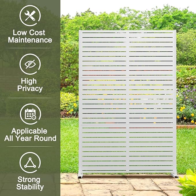 Metal Privacy Screen Outdoor 72" H×47" W,Freestanding Decorative Privacy Screen for Balcony Yard&Garden,Privacy Fence-White&Louvered