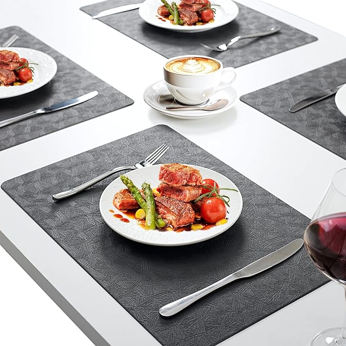 Vinyl Placemats Set of 4 Faux Leather 100% Waterproof Wipeable Washable Place Mats Heat Resistant Easy Clean Non-Slip Table Mats for Indoor Outdoor. (4,Gray)