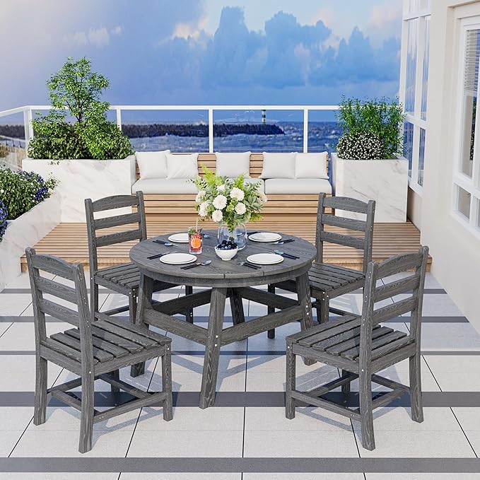Pamapic 5 PCS Round Outdoor Dining Set, HDPE Outdoor Table and Chairs with 105° Ergonomic Backrest, Wood Grain Patio Dining Table with Umbrella Hole, Gray