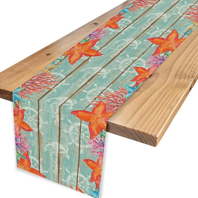 Blue Starfish Table Runner,Nautical Beach Wooden Ocean Table Runner Seasonal Holiday Home Kitchen Dining Table for Home Party Decor 13"x90"