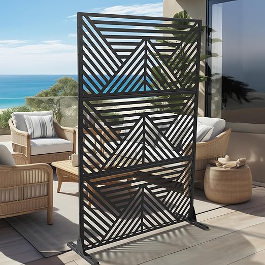 Casaphoria 72" H x 47" W Metal Outdoor Privacy Screen, Freestanding Decorative Divider for Patio, Deck, Balcony, and Garden with Stable Base, Black Zodiac