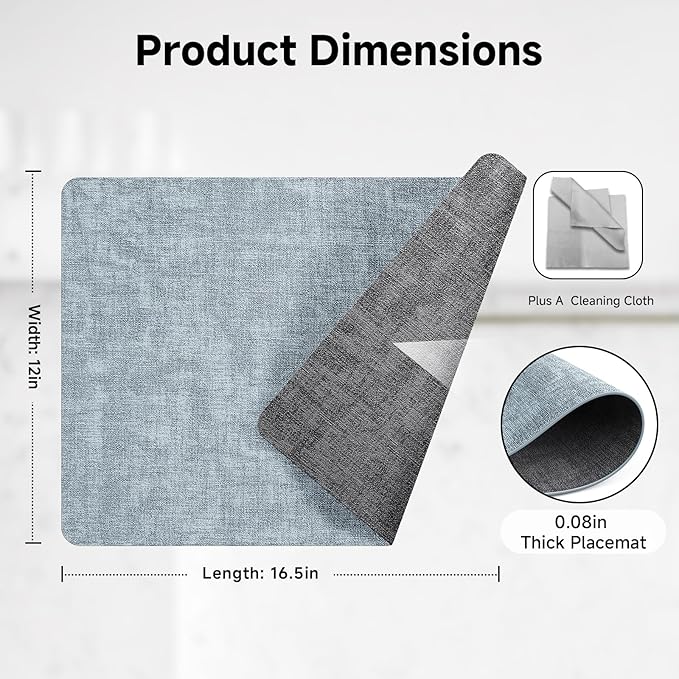 Faux Leather Vinyl Placemats Set of 6 Wipeable Heat Resistant Place Mats 100% Washable - Waterproof - Anti Slip Reversible Table Mats for Kitchen/Dining/Party/Outdoor, 12" x 16.5", Light Blue & Black