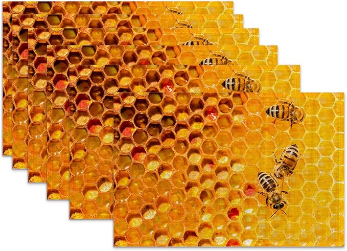 Honey Bee Placemats Set of 6 Linen Heat Resistant,Yellow Honeycomb Table Mats Washable Rustic Place Mats Decoration for Home Kitchen Dining Room Party 12x18 Inch