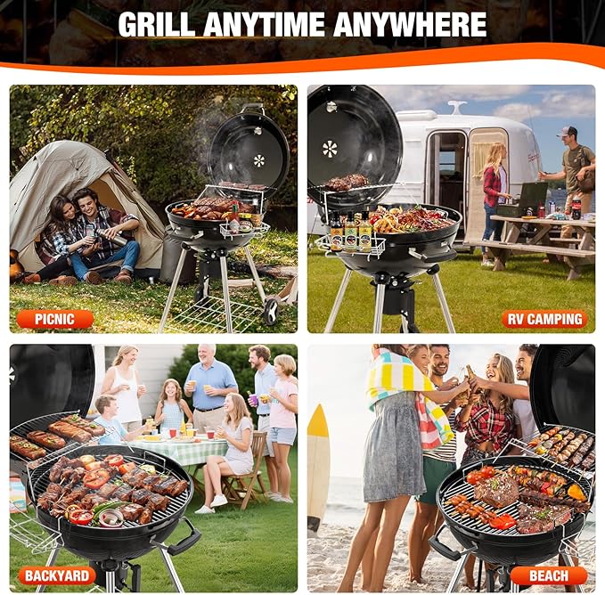 22 inch Premium Charcoal Grill, Kettle Barbecue and Smoker Grills 500+ Sq. In. Cooking Area for Outdoor BBQ, Tailgating and Patio, Black