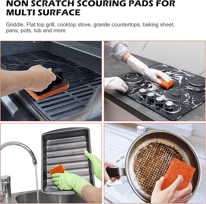 Hhome Griddle Cleaning Kit 16 Piece for Blackstone Flat Top, Grill Cleaning Accessories Tool, Easy Clean on Hot or Cold Surfaces, 14 Cleaning Pads and 2 Handles