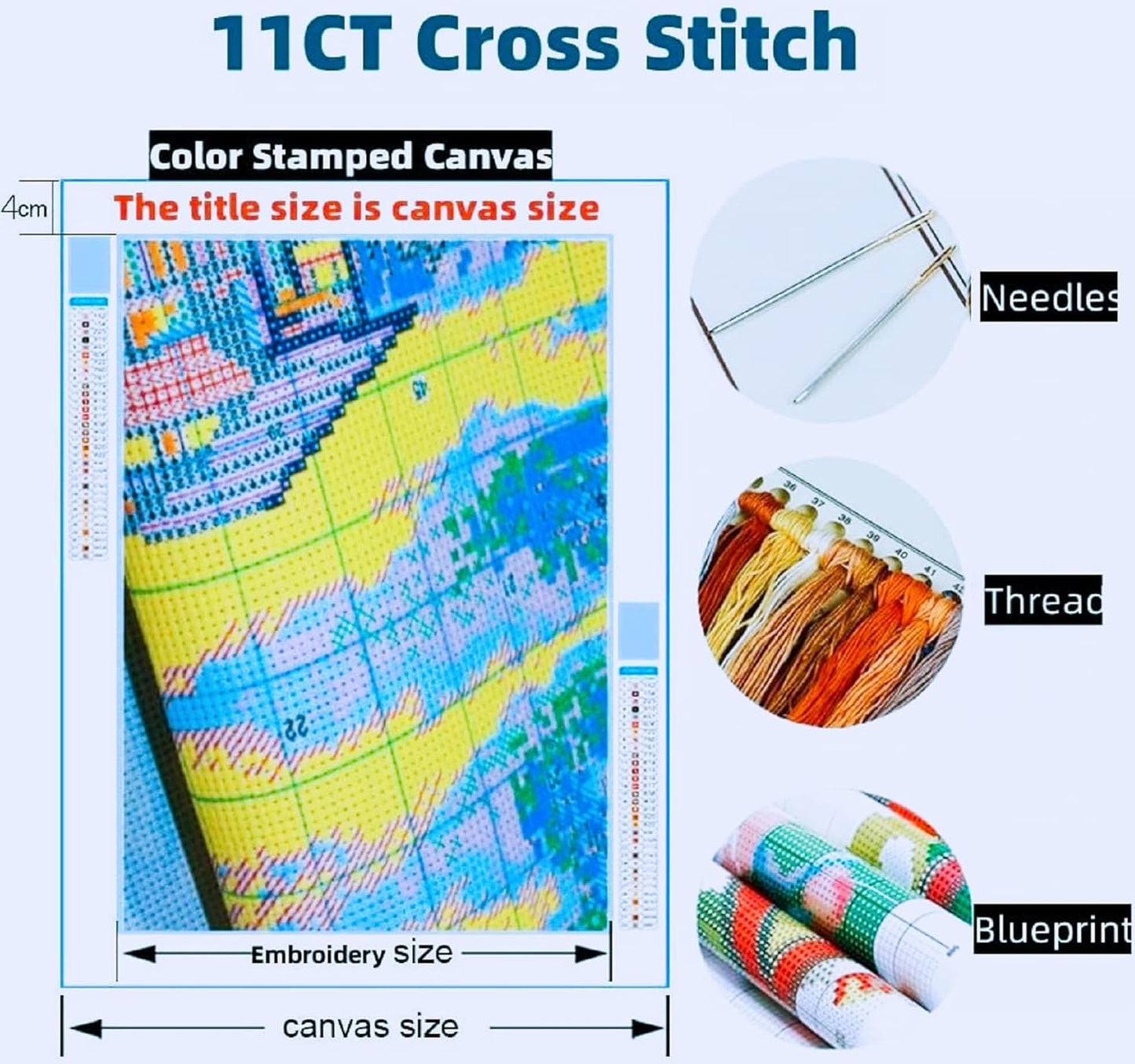 Joyhoor Stamped Cross Stitch Kits for Beginners, Needlepoint Kits for Adults, 11CT Counted Embroidery Kits-Colorful Cat 18x18 inchs