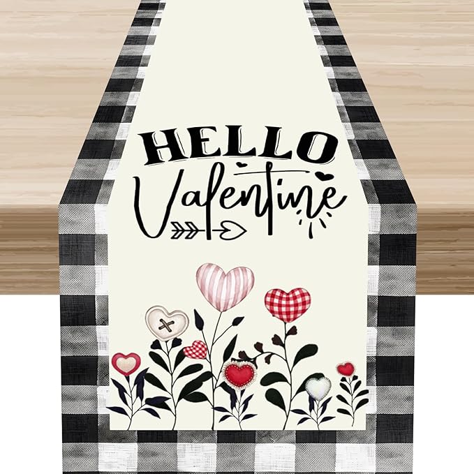 Valentines Day Table Runner,Vintage Rustic Black White Red Heart Buffalo Plaid Table Center Decor for Family Kitchen Living Room Outdoor Farmhouse Party Table Decorations, 13"x36"