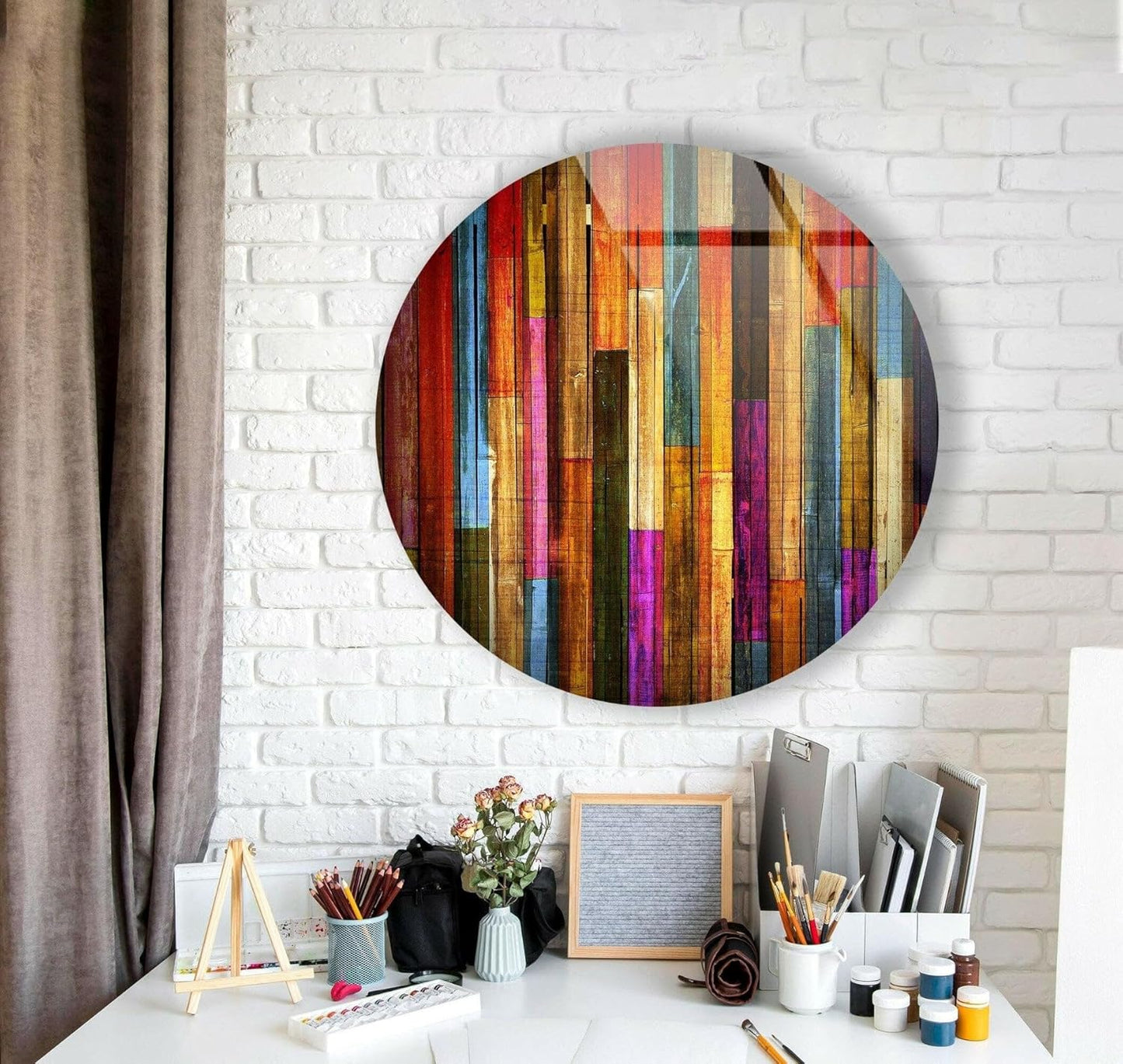 My Photostation.com 31.5''(80cm) Diameter Colorful Wood Pattern Round Glass Wall Art Tempered Glass Printing Wall Decor Large Wall Art Wall Hangings
