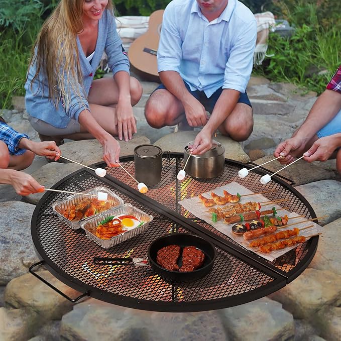REDCAMP Foldable Fire Pit Cooking Grill Grate, Portable X-Marks Heavy Duty Steel Round Campfire BBQ Grill with Handle & Support Wire, Ideal for Outdoor Picnics & Gatherings, 36-Inch Black