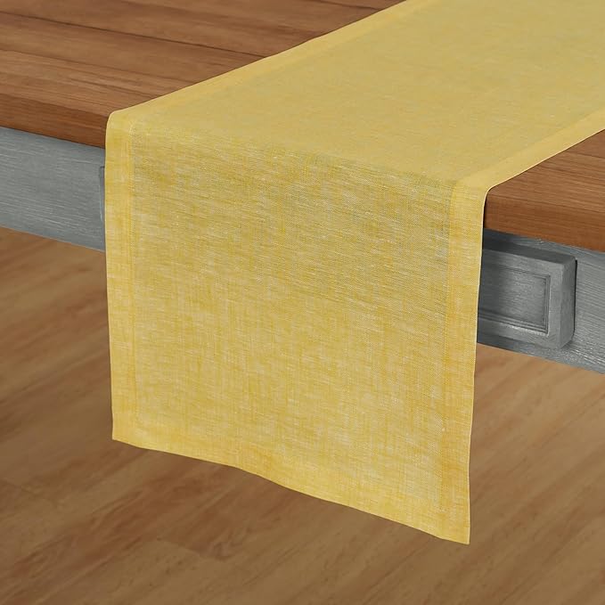 Solino Home Linen Table Runner 156 Inches Long - Athena, 100% Pure Linen Chambray Lemon Yellow Table Runner 14 x 156 Inch for Dining, Spring, Easter