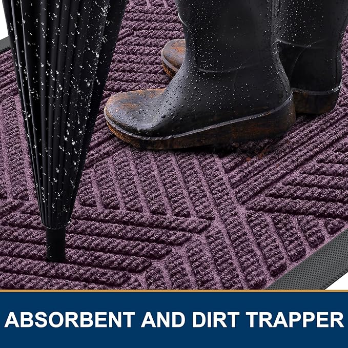 Smiry Front Door Mat Outside Entrance, Heavy Duty Sturdy Natural Rubber Doormat, Trap Dirt and Moisture, Easy Clean Low Profile Mats for Indoor Outdoor Entry, Irregular Triangle (29.5x17, Purple)