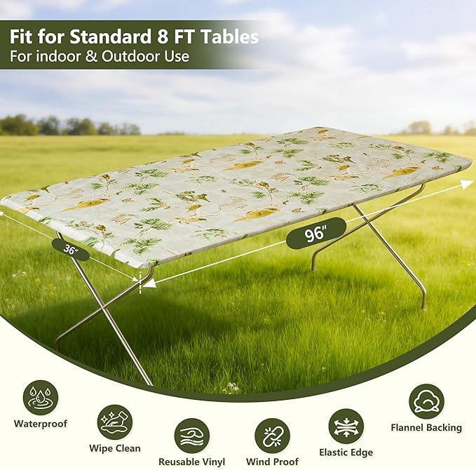 Rectangle Picnic Table Cloth, Elastic Waterproof Fitted Vinyl Tablecloths for 8 Foot Tables, Wipeable Flannel Backed Table Covers for Dining, Camping, Outdoor(Magpie,36"x96")