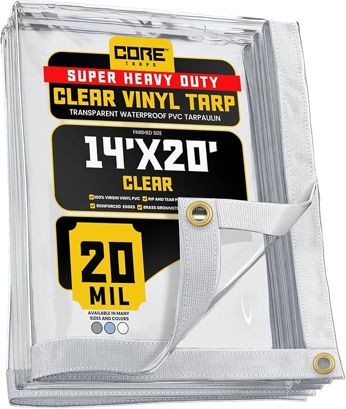Core Tarps 20 Mil Extreme Heavy Duty Clear Tarp with Gromments - 14x20ft Super Clear Tarps Heavy Duty Waterproof Vinyl Tarpaulin, Transparent Tarp for Outdoor, Camping & Construction, Clear