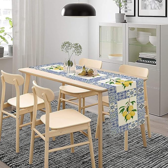 Yellow Lemon Table Runner, Blue Tiles Summer Holiday Tasty Fruit Healthy Fruit Vintage Watercolor Rustic Botanic Table Cover for Party Picnic Dining Room Kitchen, 13x60inch