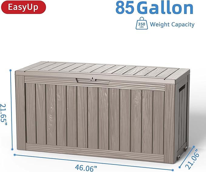 EasyUp 85 Gallon Outdoor Storage Box, Resin Waterproof UV-Resistant Deck Box, Reinforced Stability for Patio, Garden, and Poolside, Striped Gray
