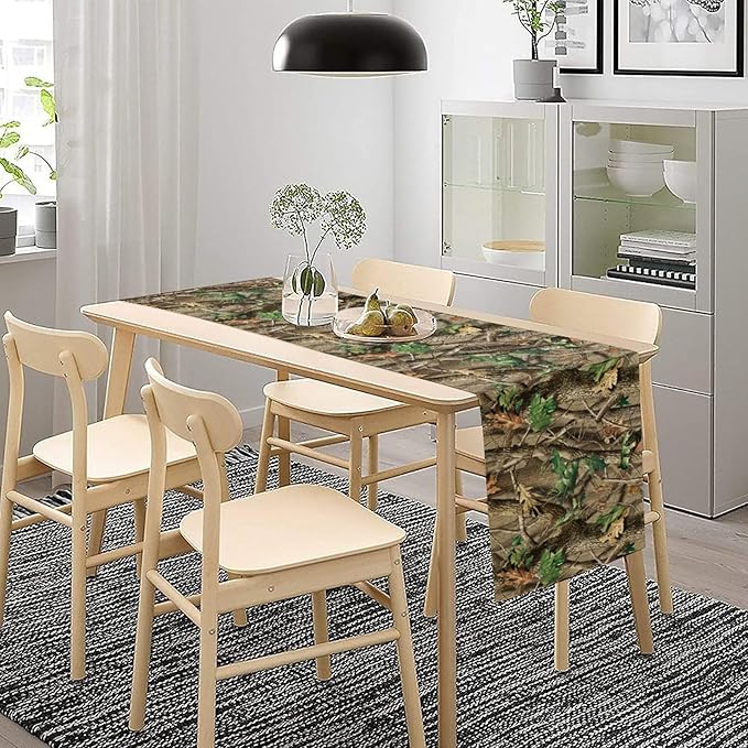 Forest Camouflage Table Runner, Camo Conifer Oak Branches Mossy Hunting Lodge Camp Cabin Table Runner for Kitchen Dining Room Party Camping 13x120in