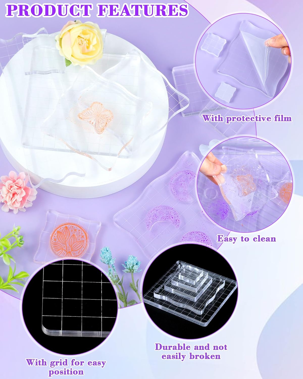 7 Pieces FIVEIZERO Acrylic Stamp Block, Assorted Sizes Clear Stamping Blocks Tools with Grid Lines for Scrapbooking Crafts Card Making and Decorative DIY Essential Stamping Tool(Lace Edge)