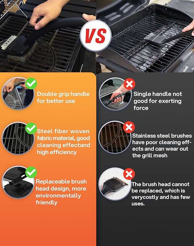 Grill Brush Bristle Free, Grill Brush for Outdoor Grill, Grill Brush and Scraper, Steam Grill Cleaner Brush with Replaceable Steel Fiber Woven Cleaning Head for Grill/Smoker/Gas/Charcoal Grill