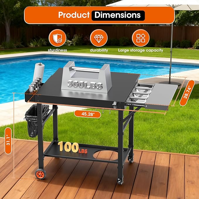 Pizza Oven Table, Grill Cart Table for Ooni Pizza Ovens, Expansive Countertop Pizzas Oven Accessories, Pizzas Stands for Party with Wheels Fits Ooni Blackstone Ninja Cuisinart Gozney