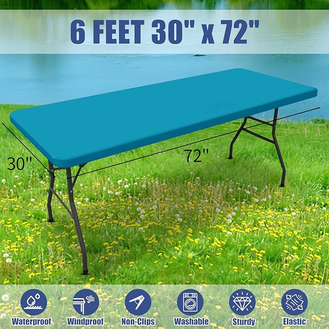 Spandex 6 Foot Rectangle Table Cloth 6 Pack, Elastic Fitted Tablecloths for Picnic, Stretch Washable Patio Table Cover for Outdoor, Camping, Banquet and Parties (Teal, 30"x72")