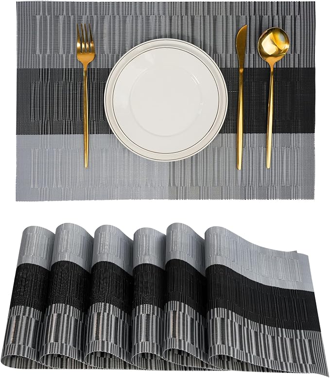 Placemats Set of 6，Non-Slip PVC Weave Table Mats Easy to Clean，Heat Resistant Place Mats for Kitchen Dining Table Decoration Indoor Outdoor，Black Gray