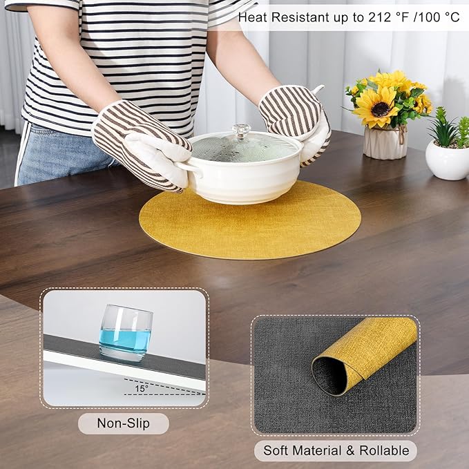 Myir JUN Round Placemats, Dual Sided Faux Leather Place Mats Set of 6 Indoor/Outdoor Non-Slip Washable Table Mats (Gray Yellow, Set of 6)