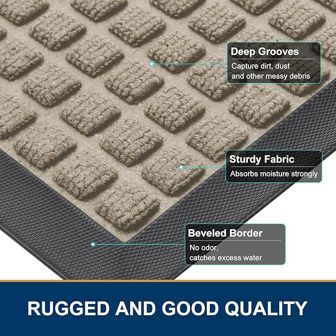 Smiry Front Door Mat Outside Entrance, Heavy Duty Natural Rubber Doormat, Non Slip, Trap Dirt and Moisture, Easy Clean, Low Profile Welcome Floor Mats for Indoor Outdoor Entry, 59x34 Inch, Beige