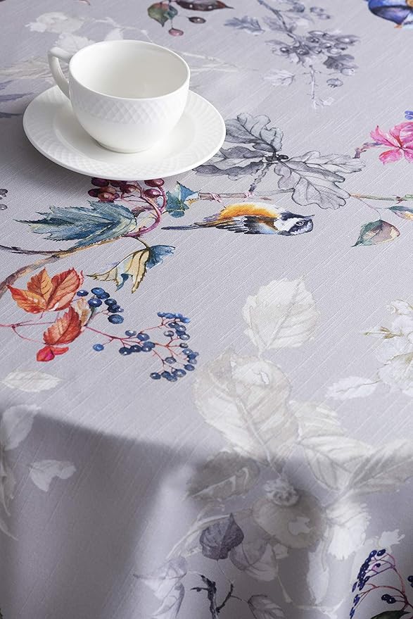 Maison d' Hermine Table Cloth Round Table 100% Cotton 69 Inches Fall Tablecloth Reusable Everyday Use for Thanksgiving Christmas Decorations Dining Farmhouse Party (Equinoxe - Grey)