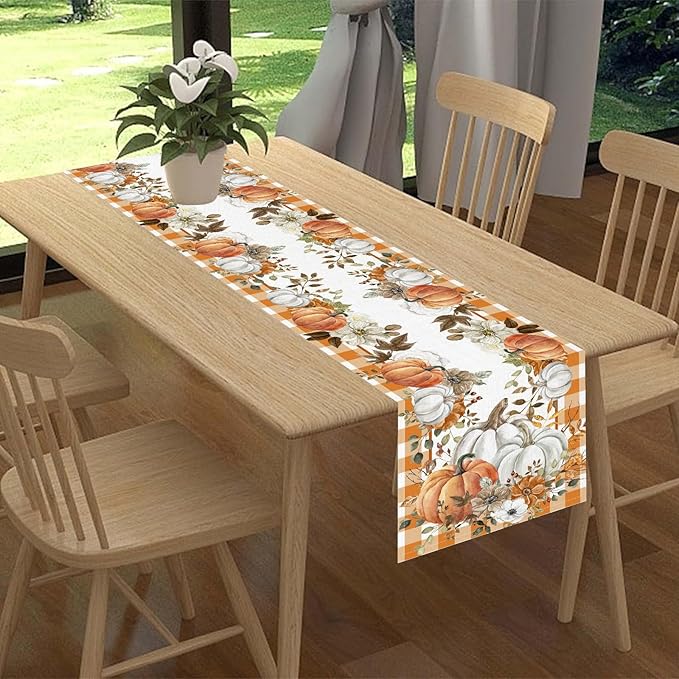 Fall Table Runner, Farmhouse Autumn Pumpkin Harvest Orange Buffalo Plaid Thanksgiving Rustic Coffee Table Center Decor for Home Kitchen Dining Patio Holiday Party Indoor Outdoor, 13"x90" Inch