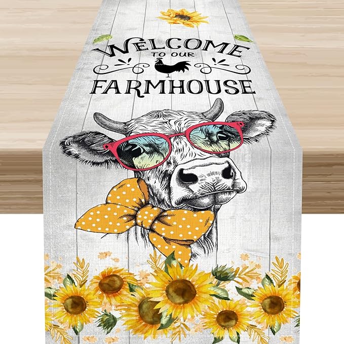 Farmhouse Cow Table Runner, Rustic Yellow Sunflower Floral Buffalo Animals Spring Coffee Farm Table Center Decor for Family Kitchen and Living Room Country Holiday Party Table Decorations, 13" X 72"