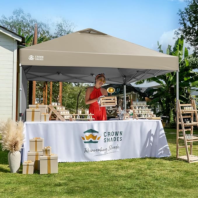 CROWN SHADES 12x12 Pop Up Canopy Tent Instant Commercial with 150D Silver Coated Fabric Including 1 Removable Sidewall, 4 Ropes, 8 Stakes, Weight Bags, STO 'N Go Bag, Beige
