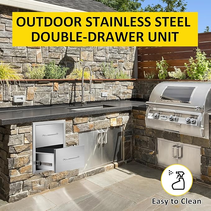 Outdoor Kitchen Drawers 14" W x 15" H x 23" D Flush Mount Double BBQ Drawers with Chrome Handle Stainless Steel Drawer for Outdoor Kitchen Island, Patio Grill Station