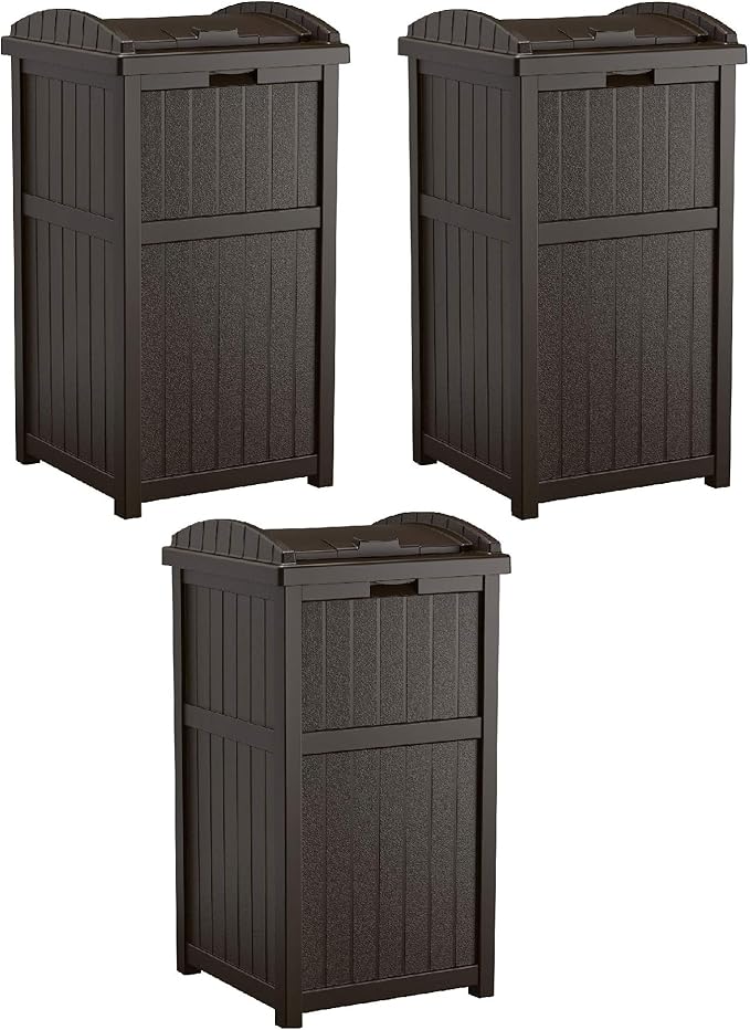 Suncast 3 Pack 33 Gallon Durable Plastic Hideaway Outdoor Garbage Can with Secure Lid & Wicker Design for Home Backyards, Decks, or Patios, Java Brown