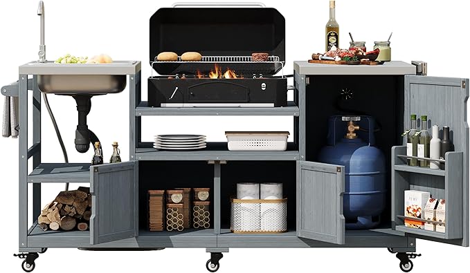 75.4" Outdoor Kitchen Grill Cart with Sink, Solid Fir Wood Island for XL Egg Grills, Rolling BBQ Bar Cart with Stainless Steel Top & Storage, Brown